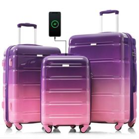 Luggage Set Of 3, 20-inch With USB Port, Airline Certified Carry-on Luggage With Cup Holder, ABS,PC Hard Shell Luggage With Spinner Wheels, Purple And