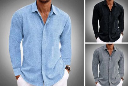Long Sleeve T-shirt Undershirt Solid Color Long Sleeve Cotton Linen Shirt Men (Option: Set1-XL)