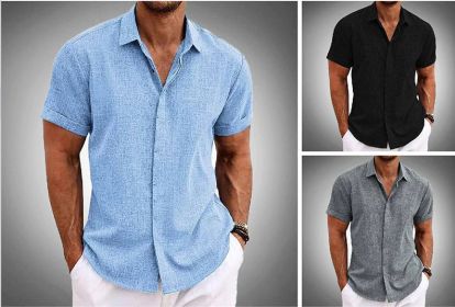 Men's Solid Color Loose Linen Short-sleeved T-shirt (Option: Set-XL)