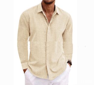 Long Sleeve T-shirt Undershirt Solid Color Long Sleeve Cotton Linen Shirt Men (Option: Khaki-XL)