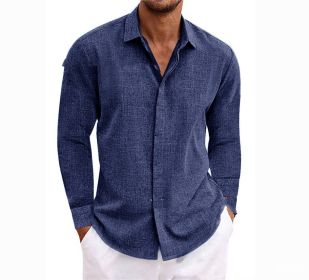 Long Sleeve T-shirt Undershirt Solid Color Long Sleeve Cotton Linen Shirt Men (Option: Navy Blue-L)