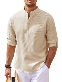 Men's Casual Shirt  Long Sleeve Stand Collar Solid Color Shirt Mens Clothing (Option: Khaki-S)