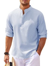 Men's Casual Shirt  Long Sleeve Stand Collar Solid Color Shirt Mens Clothing (Option: Blue-S)
