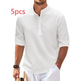 Men's Casual Shirt  Long Sleeve Stand Collar Solid Color Shirt Mens Clothing (Option: White 5pcs-S)