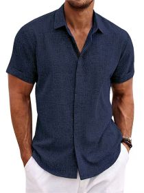 Men's Solid Color Loose Linen Short-sleeved T-shirt (Option: Navy Blue-4XL)