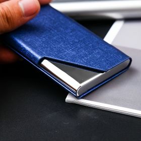 1pc Business ID Name Card Holder Metal Box PU Cover 3.7X0.39X2.28in With Black Gift Box (Color: Blue)