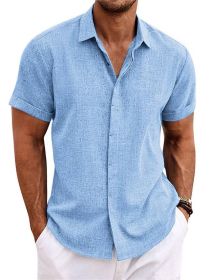 Men's Solid Color Loose Linen Short-sleeved T-shirt (Option: Light Blue-L)