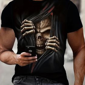 Men's 3D Skull Printed T-shirt - Casual Short Sleeve, Summer Outdoor, Stretch Polyester Blended, Machine Washable (Option: Black-S)