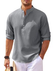 Men's Casual Shirt  Long Sleeve Stand Collar Solid Color Shirt Mens Clothing (Option: Dark Gray-M)