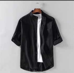 Men's Linen Stand Collar Loose Shirt (Option: Black-XXXL)