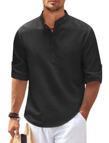 Men's Casual Shirt  Long Sleeve Stand Collar Solid Color Shirt Mens Clothing (Option: Black-L)