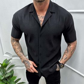 Men's Cardigan Solid Color Short Sleeve Shirt (Option: Black-XXXXL)