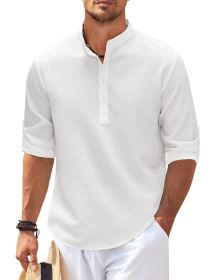 Men's Casual Shirt  Long Sleeve Stand Collar Solid Color Shirt Mens Clothing (Option: White-L)