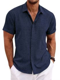 Men's Solid Color Loose Linen Short-sleeved T-shirt (Option: Navy Blue-S)