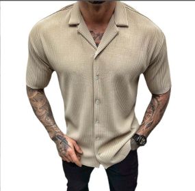 Men's Cardigan Solid Color Short Sleeve Shirt (Option: Khaki-XL)