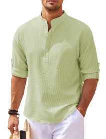 Men's Casual Shirt  Long Sleeve Stand Collar Solid Color Shirt Mens Clothing (Option: Green-L)